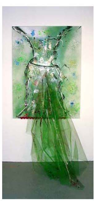 Tableau robe vert, acrylique et collage sur toile, Vert polys�mique, Galerie Verticale, Laval, Qu�bec, Canada 